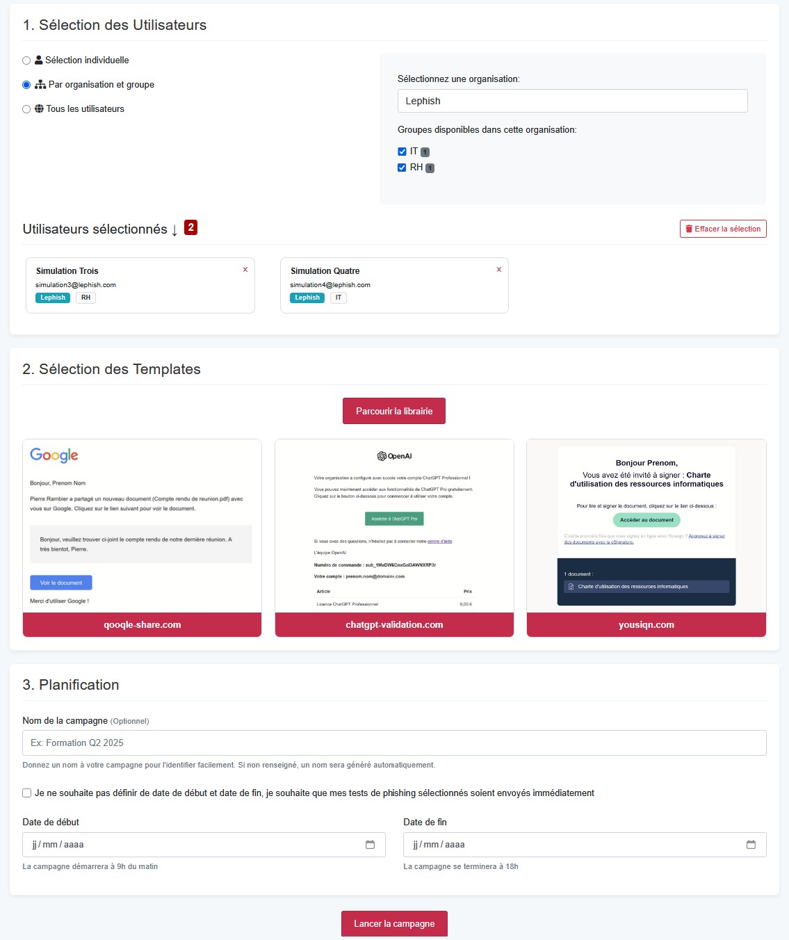 Interface de création de campagne de phishing LePhish — sélection utilisateurs, templates et planification