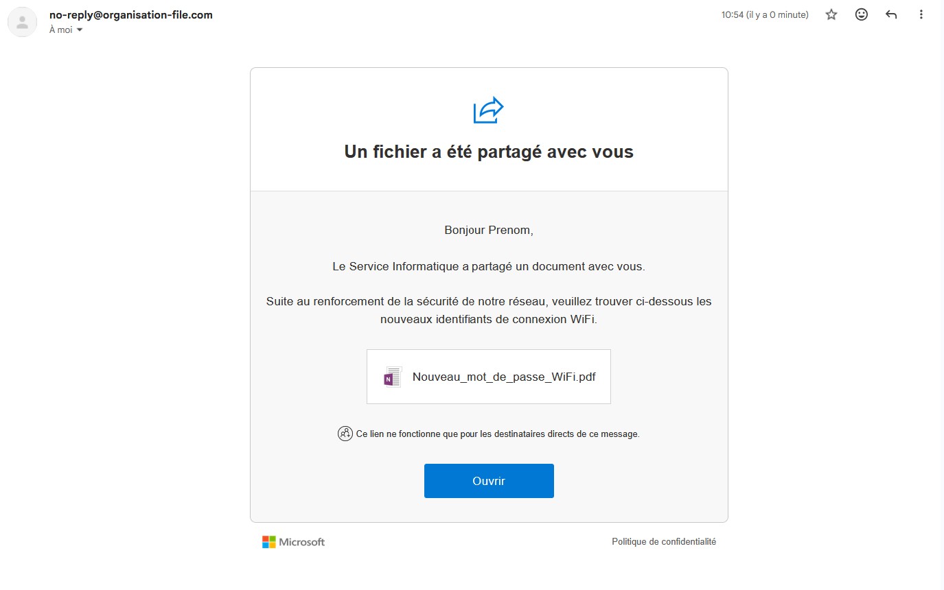 Exemple de test de phishing réaliste — email de simulation d'hameçonnage LePhish