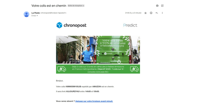Simulation de phishing — fausse notification Chronopost La Poste