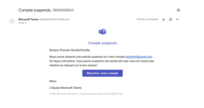 Simulation de phishing — faux Microsoft Teams avec typosquatting