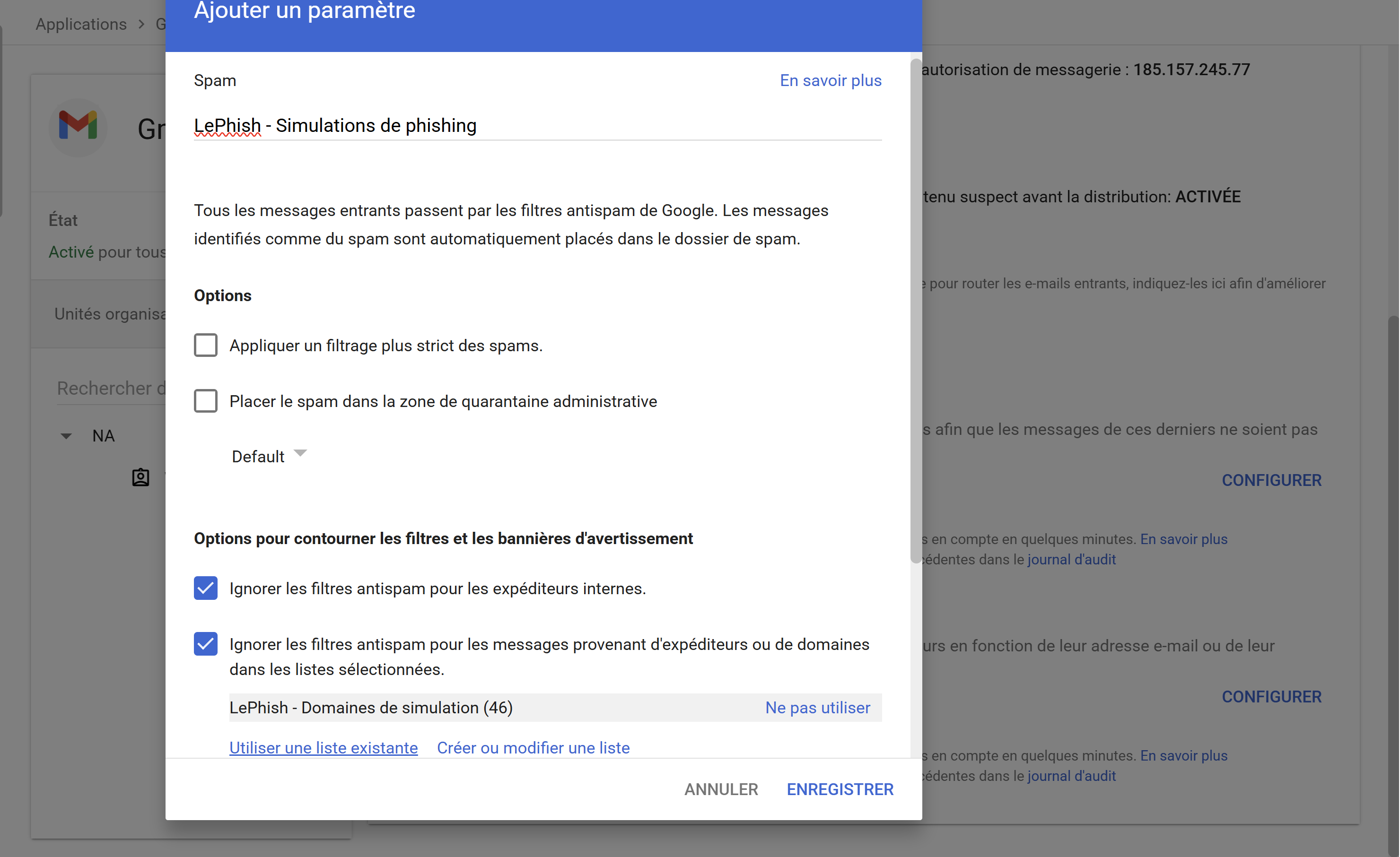 Sélection de la liste dans le paramètre Spam