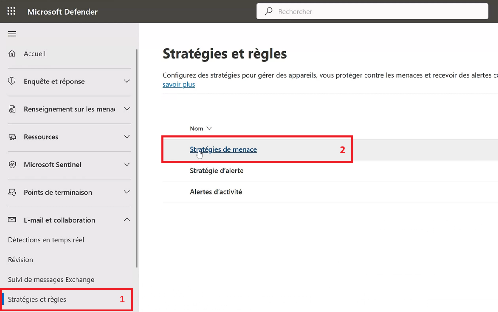 Menu Stratégies de Menace