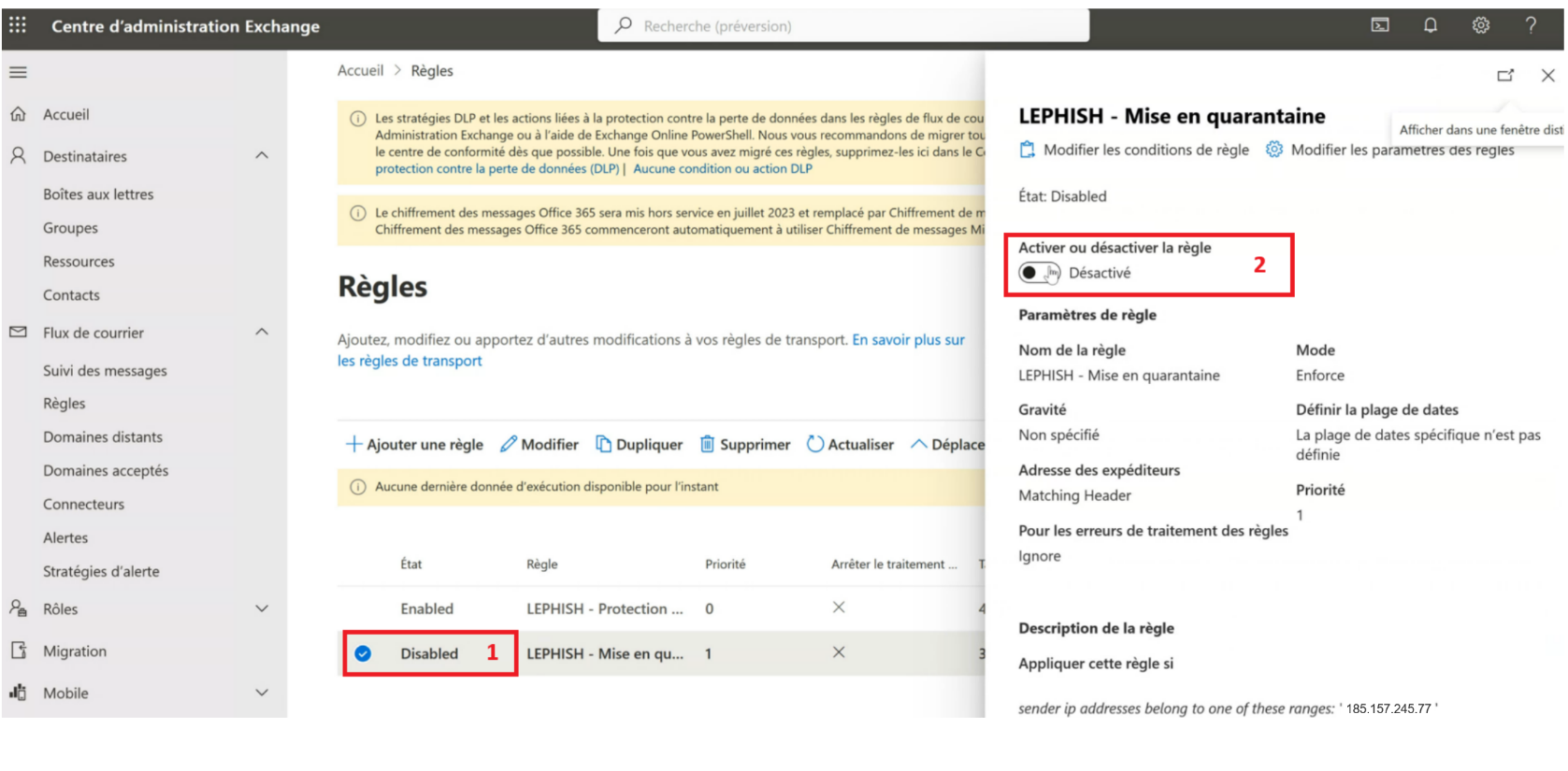 Activation règle quarantaine