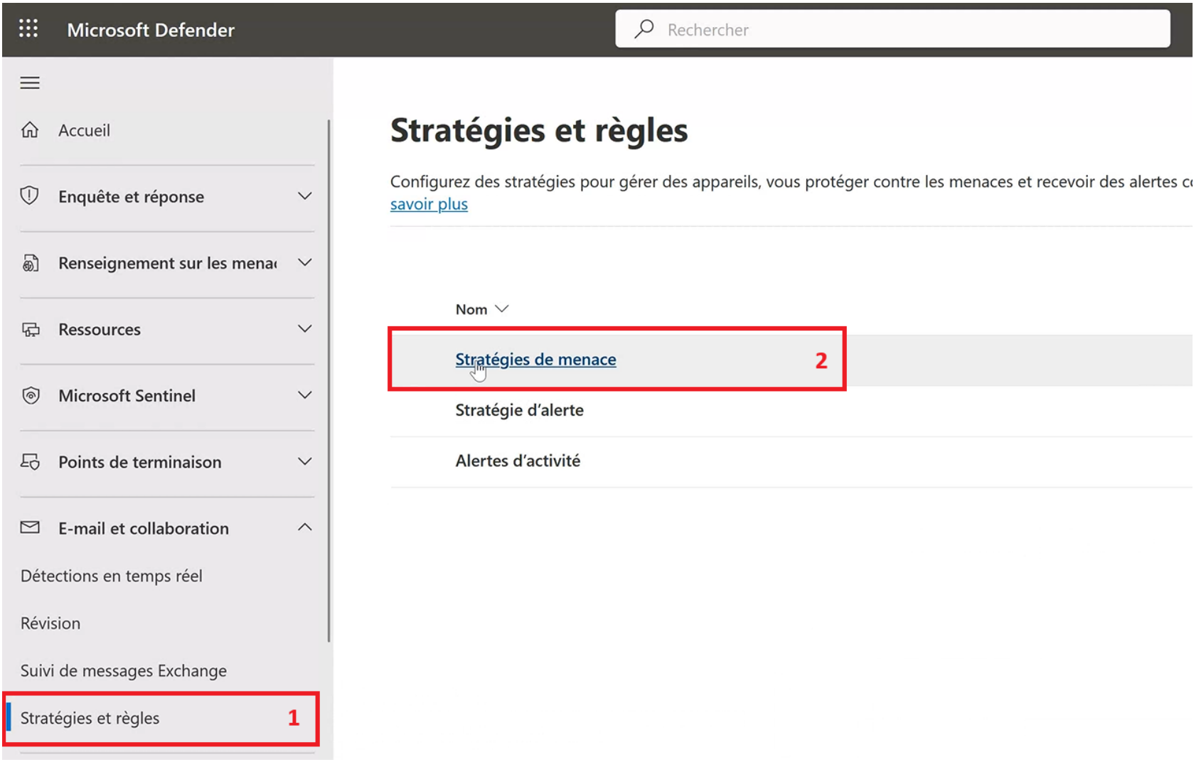 Menu Stratégies et règles